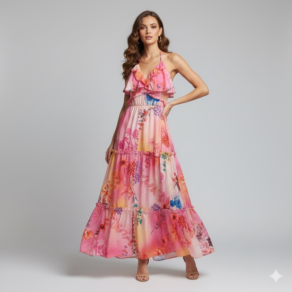 Sundress halter maxi flower two tiers cottagecore vibes dress XL pink multi